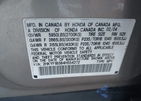 2004 Honda Pilot Ex-L z USA, uszkodzony, nr VIN 2HKYF18564H554272